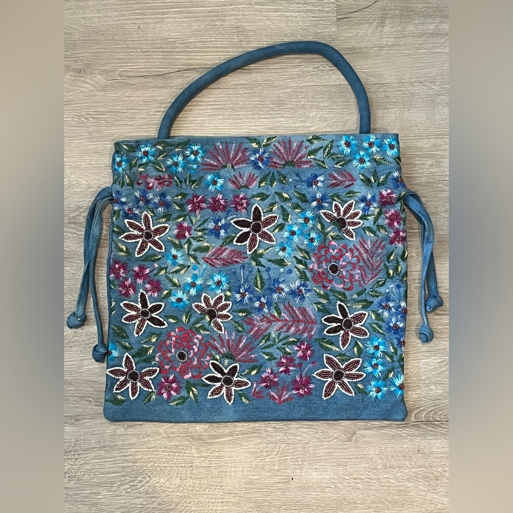 Vintage Floral Embroidered Blue Tote Bag